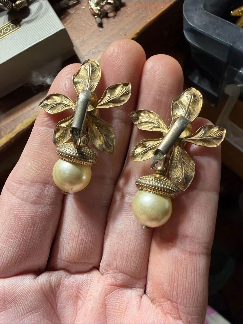Vintage Gold Tone Crystal Floral Pearl Drop Earrings